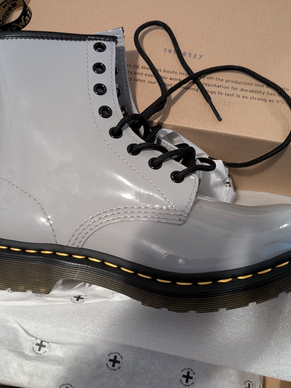 Dr. Martens Women's Glossy Light Gray Lace-Up Ankle Boots with Yellow Stitching